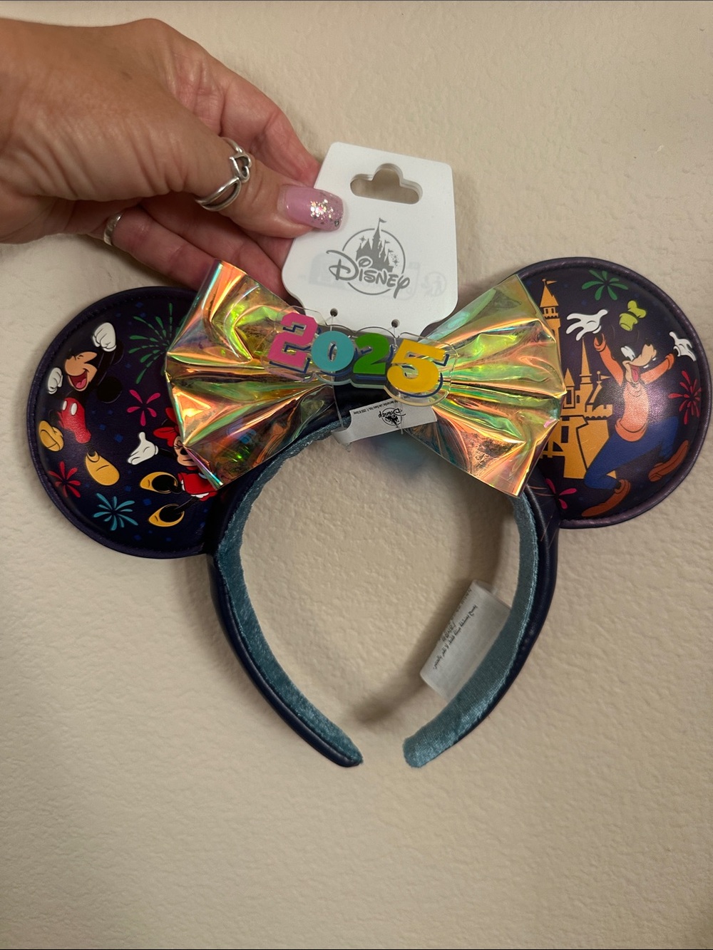 Disney 2025 Holographic Rainbow Bow Minnie Ears Headband - Navy & Rainbow NWT